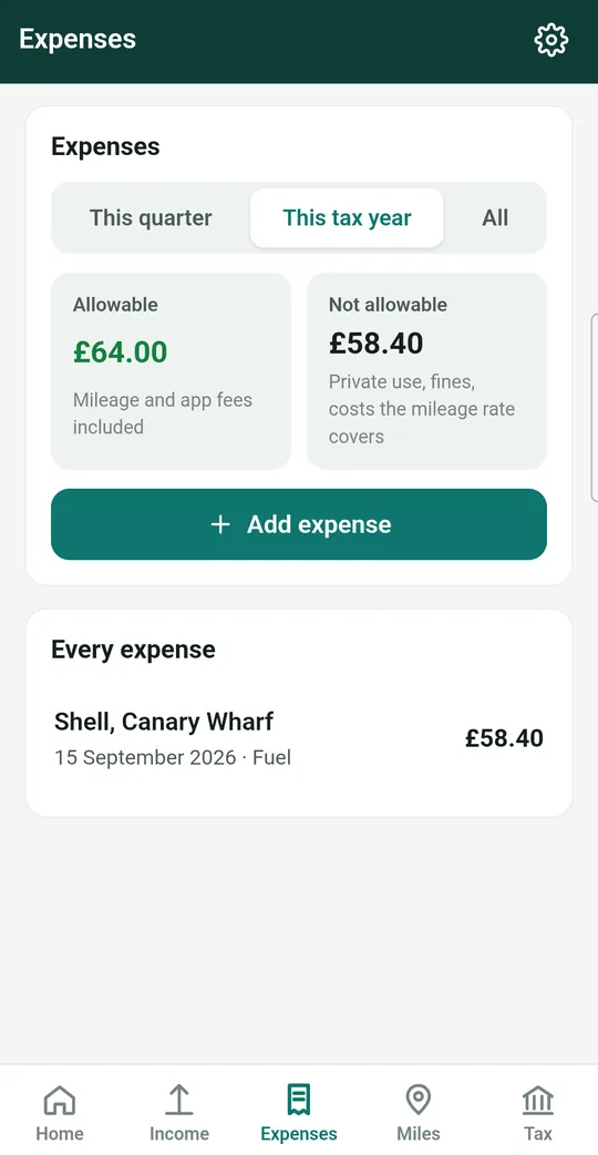 The Expenses screen with allowable and not allowable totals