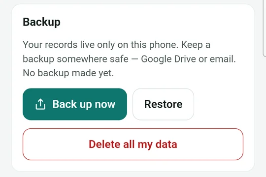 The Backup box in Settings with Back up now, Restore and Delete all my data buttons