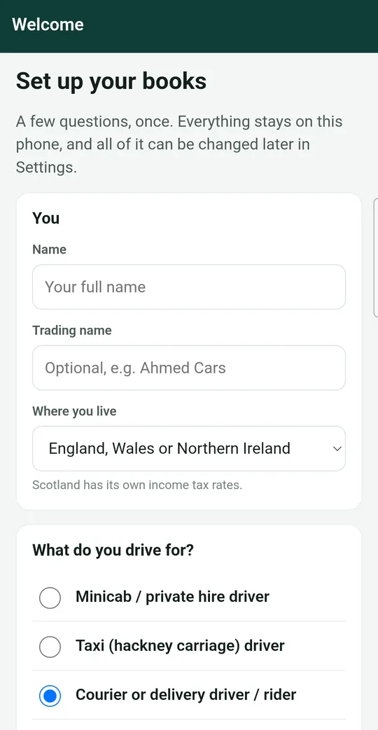 The Set up your books screen in Meter Max, asking for your name and where you live