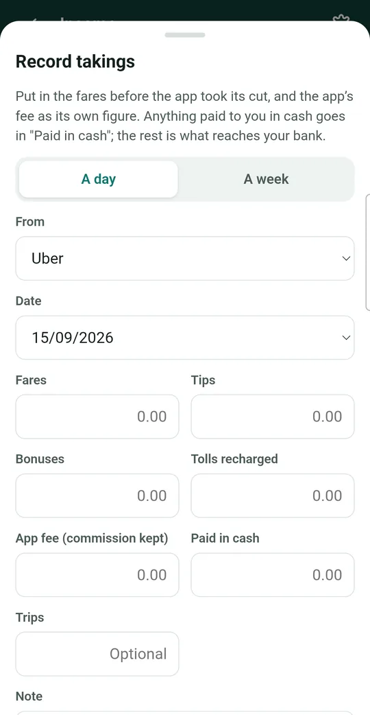 The empty Record takings form with A day and A week buttons, the From box set to Uber, the date, and boxes for fares, tips, bonuses, tolls, app fee, cash and trips
